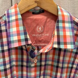 Bugatchi Multicolor Check Button-Down Shirt in Coral, Light Blue & Purple